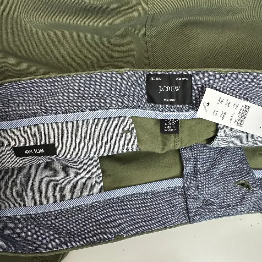 J.Crew 484 Slim Fit Stretch Chino Pant Khaki Green Cotton Mens W 34 L 30 NWT